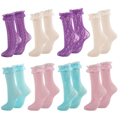 Image of Women Lace Ruffle Socks White Black Frilly Lolita Crew Dress Socks