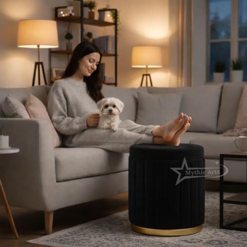 Image of Round Strip Stool with Cushion Foot Rest Office Stool Pouf Ottoman Padded Seat in Living Room - Black