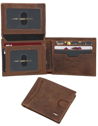 Marc Peter Wallet for Men Slim Bifold RFID Blocking with 2 ID Window up to 14 cards Minimalist Front Pocket Full Grain Leather Wallet and Gift Box Crazy Horse Camel