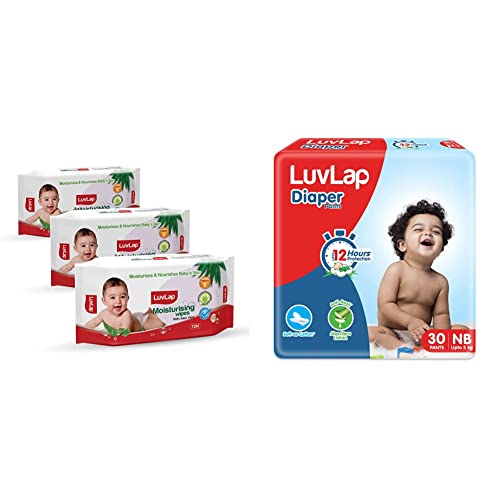 LuvLap Mositurising wipes for baby skin with Aloe Vera Extract, 72 Wipes/Pack, Pack of 3 & Baby Diaper Pants New Born Size (NB), Pack of 30 Count, For babies of Upto 5Kg, Extra Small (XS)