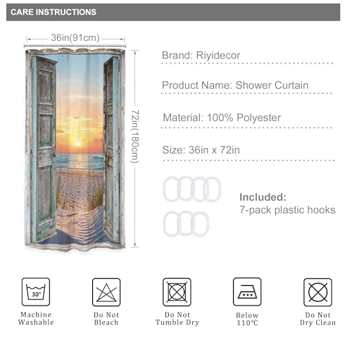 Image of Riyidecor RV Small Half Beach Shower Curtain 36Wx72H Inch Stall Narrow Seaside Ocean Barn Door Curtains Sea Scenery Rustic Single Bathroom Laundry Decor Fabric Polyester Waterproof 7 Pack Hooks