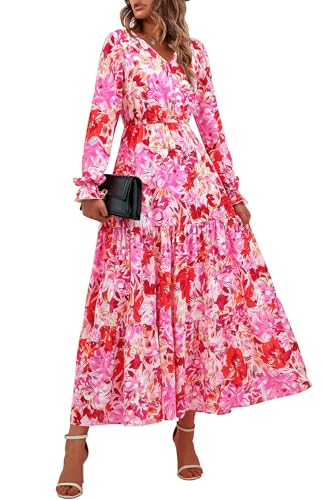 BTFBM Women Fall Dresses 2025 Casual Long Sleeve V Neck Maxi Dresses Floral Boho Long Dress Wedding Guest Dress