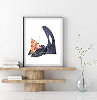 Orca whale with pizza killer kitchen Painting Wall Poster Watercolor Art Print