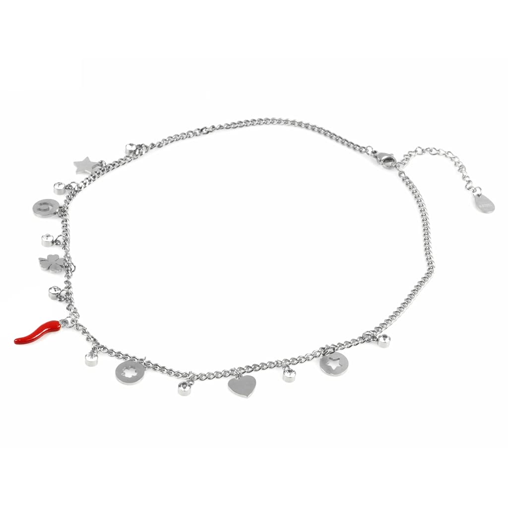 Flowers Collana in Acciaio color Oro o Argento Portafortuna con Ciondolo Corno Rosso, Stelline Cuore e zirconcini Punti luce