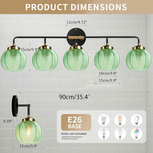 Image of 5-Light Emerald Green Vanity Lights Unique Leaf Texture Glass Shade | Bathroom Light Fixture,Black Gold Metal Finish,E26 Base,27.2Inch Long, 5.9″ Glass Shade,Over Mirror,Bedroom,Hallway,Cabinet