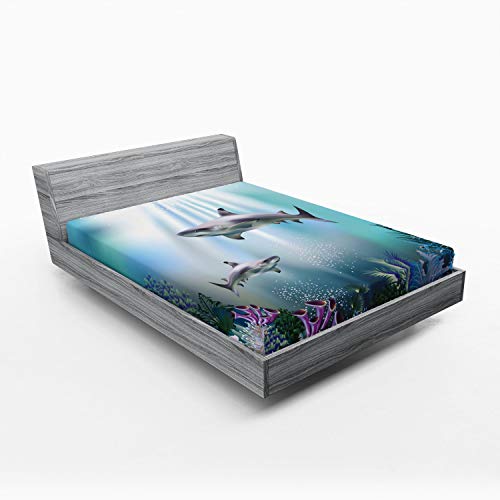 Ambesonne Underwater Fitted Sheet, Realistic Illustration Wild Sharks and Plants Corals Seaweed Aquatic Ocean Life, Bed Cover with All-Round Elastic Pocket for Comfort, California King, Turquoise