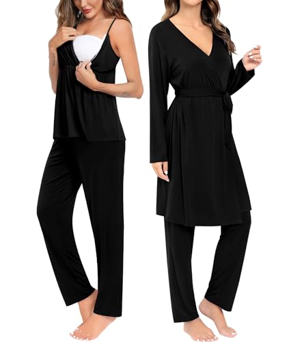 SWOMOG Maternity Nursing Robe Set 3 Piece Breastfeeding Pajamas 3 in 1 Labor Delivery Sleevless Tops&Long Pants Pregnancy Pjs2