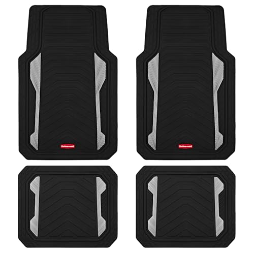 Rubbermaid Car Floor Mat, Heavy Duty All-Weather Car Mats Full Set with Dual-Tone Sliver Aluminum Inserts – Universal Fit, Anti-Slip Backing, Trim-to-Fit for Most SUV, Sedan, Van