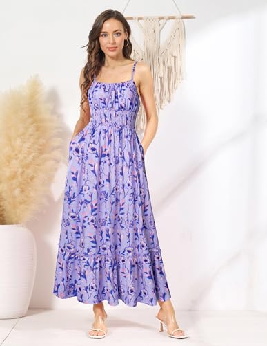 Image of GRACE KARIN Summer Dresses for Women 2026 Vacation,Smocked Floral Maxi Dress,Boho Beach Sundress with Pocket Fashion Clothing
