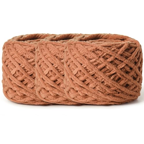 Image of 3 Pack Fluffy Chenille Chunky Yarn for Crocheting 100g(65.6yd) - Baby Yarn for Crocheting Soft - Velvet Yarns for Crochet Blanket - Amigurumi Crochet Yarns (Light Tan)