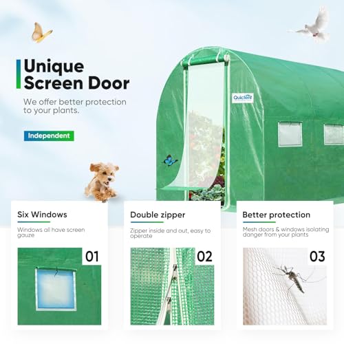 Quictent Premium Greenhouse for Outdoors, 10x6.6x6.6FT Upgraded Portable Walk-in Heavy Duty Frame Large Garden Plant Hot Outside Hoop House, 6 Ventilated Screen Window and Zipper Screen Door, Green