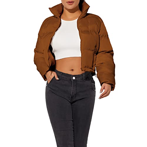 Piumino corto da donna, giacca da donna alla moda, cappotto invernale caldo e leggero, Marrone, Medium