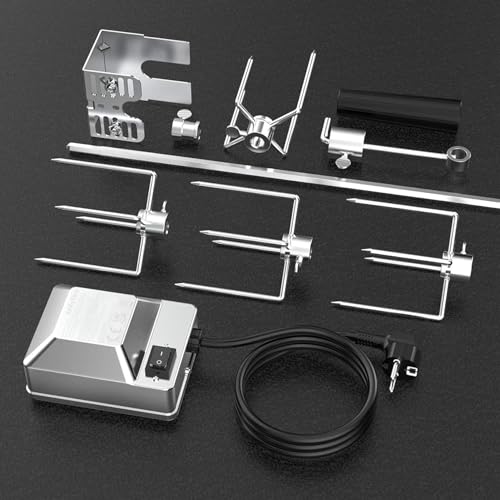 Onlyfire BRK-6032 Universal Verchromter Grillspieß Set, 100 cm Rotisserie Drehspieß, 4X Fleischnadeln, Edelstahl Motor, 220V - 240V, Drehspiess