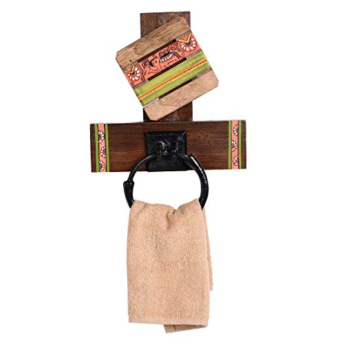 Image of Aakriti Art Creations Madhubani Art Wooden Towel Holder | Handcrafted Wooden | Matte Finish Natural Brown Wall Mounted Towel Holder for Bath & Wash Area
