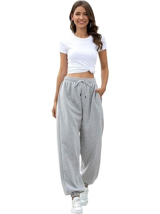 Image of Women's High Waist Jogger Pants, Cotton Blend, Drawstring Elastic Waist, Relaxed Fit