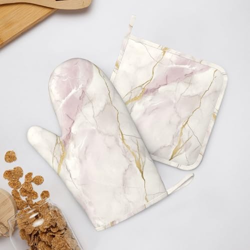 Ofenhandschuhe und Topflappen, hellrosa, weiß, Marmor, Silikon, Küchenzubehör, Set mit 4 hitzebeständigen langen Handschuhen, Topflappen… – Ansicht 6