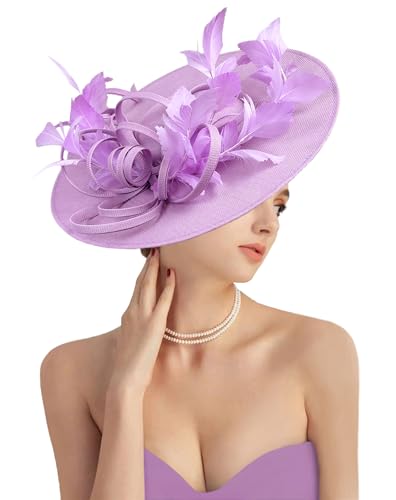dressfan Fascinator Derby Hats for Women 20s 50s Linen Feather Vintage Headband Hair Accessories Headwear for Derby/Wedding/Cocktail/Tea Party M26-Lilac