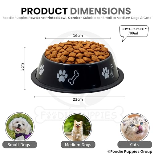 Image of Foodie Puppies Stainless Steel Dog Bowl Combo - (Medium, 700ml) Food and Water Feeding Gift Bowl | Suitable for Dogs, Cats and Other Pets I Paw Bone Print, Anti-Skid Rubber Base (Black + Red)