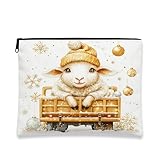 Bonita bolsa de maquillaje de oveja, bolsa de cosméticos de invierno para mujer, organizador portátil de lona con cremallera para vacaciones, viajes, 7 x 9 pulgadas