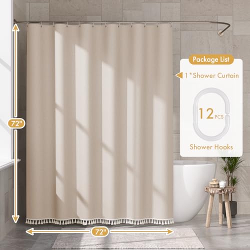 Image of AmazerBath Boho Shower Curtain for Bathroom, 72x72 Beige Shower Curtain with Tassels, Modern Farmhouse Shower Curtain Set with Hooks, Neutral Faux Linen Light Tan Toned, Water Repellent