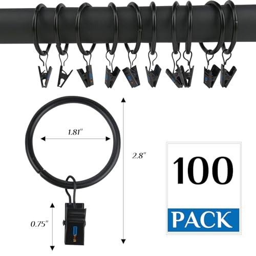 Jumbotiger JB062 100 Pcs Curtain Rings With Clips Hooks Rustproof Metal 1.5 Inch Interior Diameter Curtain Clips With Rings For Hanging Drapery Hooks Fits Up To 1.3 Inch Rod, Black thumb #1