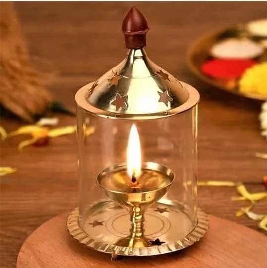ANI DIVINE Gold Brass Akhand Diya with Borosilicate Glass Cover for Puja Aarti & Home Decoration - Oil & Camphor Lamp , Glass Tealight Candle Holder