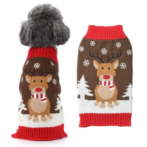 HRTTSY Christmas Dog Sweater Soft Warm Fall Winter Dog Clothes Cute Reindeer Xmas Tree Snowflake Knitwear Pet Costume Sleeveless Puppy Holiday Sweatshirt for Small Medium Large Dogs Cats(Brown,XS)