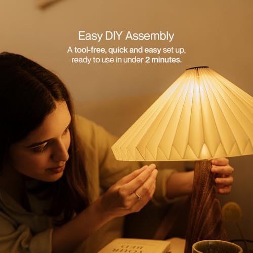 Image of FIG Living Ballet Table Lamp | Patented Design | Folded Laminated Paper Lampshade with Mango Wood Base | Dust and Water Resistant | Ideal Lamp for Living Room Decoration, Bedroom, Office