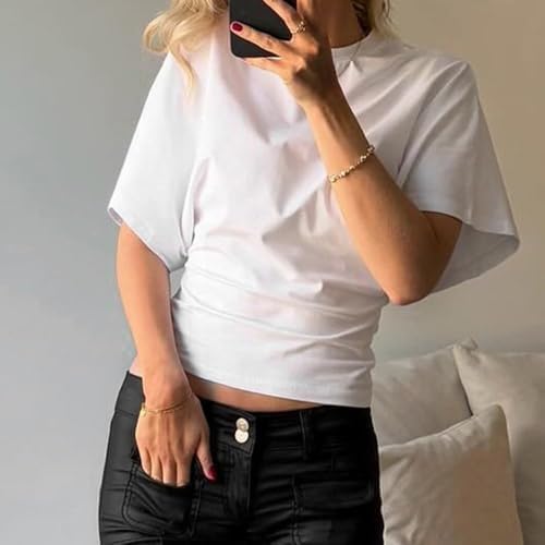 Women Wide Short Sleeve Casual Crew Neck Cinched Waist Shirt Cute Workout Crop Top - Image 3