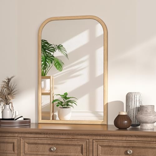 Image of 20 inchx30 inch Arch Wall Mirror for Wall, Wall Mounted Vanity Mirror for Bedroom, Wood Grain Finish Frame Mirror with Tempered Glass, Vintage Decorative for Bathroom, Entryway, Living Room, Natural