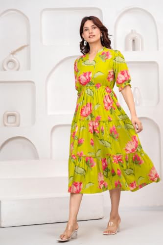 Image of Dress for Women | One Piece for Women | Long Stylish Women Dress Fit & Flare Maxi Dress, Cotton Summer Calf Length Dress