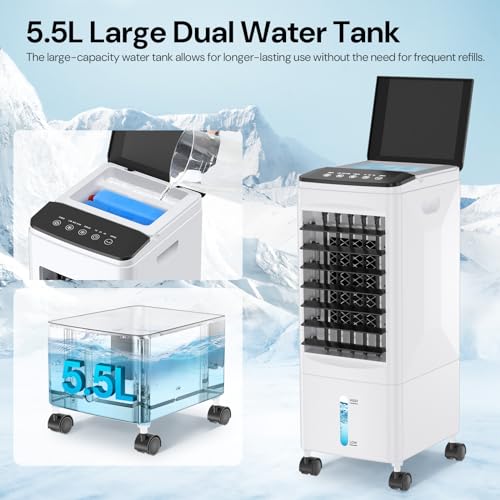 Climatiseur Portable, 3 en 1 Refroidisseur d'Air par Évaporation, Oscillation, Minuterie 1-7H, 3 Vitesses Télécommande, 3 Boîte à Glace, 5,5 L Réservoir d'eau & Roulettes, 60W Climatiseur Mobile – Image 5