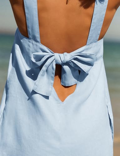 Image of Lumister Womens Lightweight Cotton Linen Dress Sleeveless Crew Neck Back Bow Summer Mini Dresses with Pocket Blue