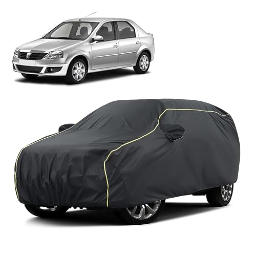 Image of Sulfar 100% Water Resistant Car Body Cover Compatible with Mirror for Renault Logan Edge (Triple Stitched, Full Bottom Elastic, Dark Grey Taffeta with Yellow Piping)