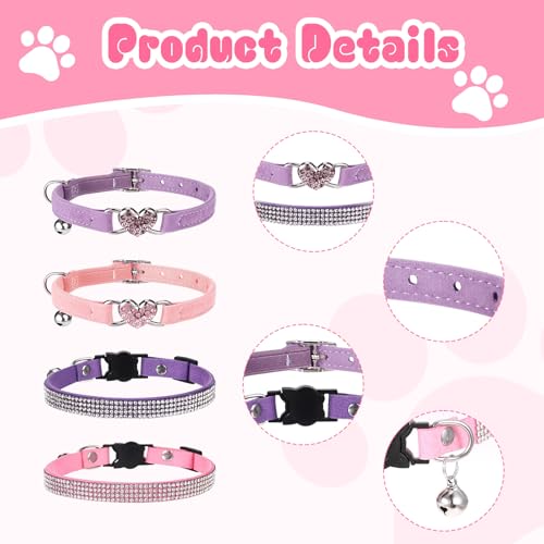 Coleiras para gatos Breakaway com sino, 4 coleiras de gato com strass, coleira de gato chique de vel