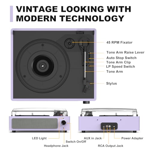 Image of Record Player for Vinyl Turntable with Speakers, Lavender Purple