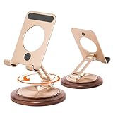 360Rotatable Cell Phone Stand, Foldable Walnut Wood Desktop Phone Dock Holder, Compatible for All iPhone iPad Tablet iPhone 14/13 Pro,Max, Plus,Mini,Samsung Galaxy 4-10'' Office Desk Accessories