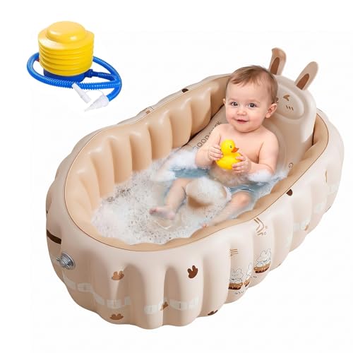YushengTai Bañera hinchable para bebés con respaldo y bomba de aire, bañera antideslizante para niños pequeños para viajes y hogar, bandeja de ducha portátil con asiento para 0-18 meses (rosa)