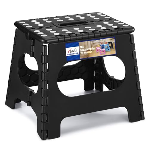 Image of ACKO Folding Step Stool, 11 Inch Non-Slip Foldable Step Stools up to 300lbs for Kids and Adults, Portable Lightweight Collapsible Stool with Handle, for Kitchen Bathroom Black, 1 Pack