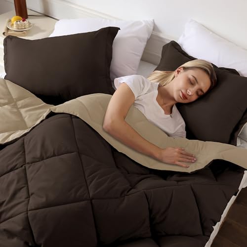 Image of downluxe California King Comforter Set - Brown and Tan Cal King Comforter Set, Soft Bedding Sets for All Seasons - 3 Pieces - 1 Comforter (104 inchx96 inch) and 2 Pillow Shams(20 inchx36 inch)