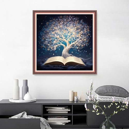 Image of Joyhoor Cross Stitch Kits for Beginners Stamped Cross-Stitch Supplies Needlework preprint Embroidery Kits for Adults DIY Needlepoint Kits Embroidery Patterns 11CT-White Tree Book 18.x18 inch