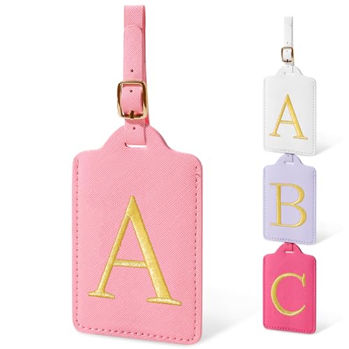 Initial Luggage Tags for Suitcases Cute Embroidered Letter Luggage Bag Suitcase Identifier Name Baggage Tag PU Leather Travel Luggage Tags Bag Tags for Men Women Kids Luggage Handbags(Pink A)