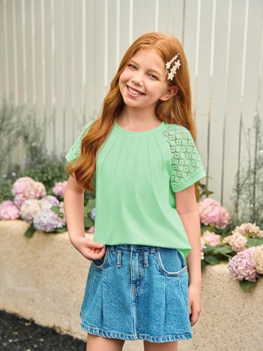 Image of Girls Pleated T Shirts Kids Fashion Lace Sleeve Summer Tops 5-14 Years | Casual Crewneck Blouse,Fashion Clothes