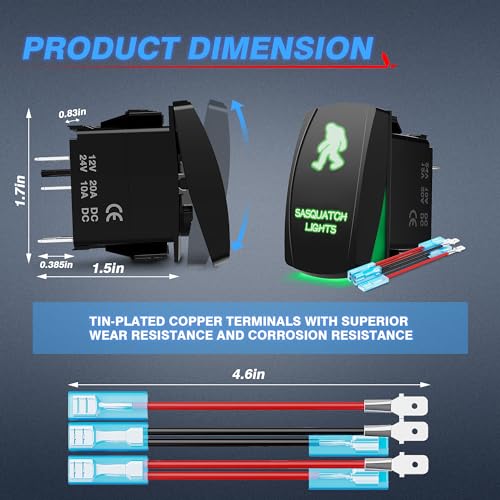 MICTUNING 5pin BIGFOOT Rocker Switch ON-OFF LED Light 20A 12V Green