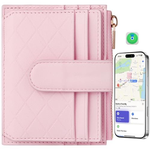 Women's Wallet Built-in Anti-Loss Tracker, RFID Blocking Small Compact Card Holder Wallet for Women Soft PU Leather Bifold Pocket Wallet Ladies Mini Purse with Zipper Pocket, ID Window (Pink)