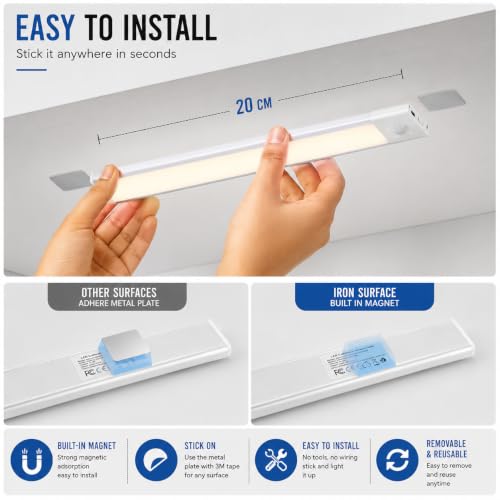 Image of Gesto Rechargeable Motion Sensor Led Light for Wardrobe - 3 Color Modes Magnetic Closet Light with Stepless Dimming for Under Counter| Under Cabinet Light,Kitchen Light,Cupboard Lights - 20 Cm