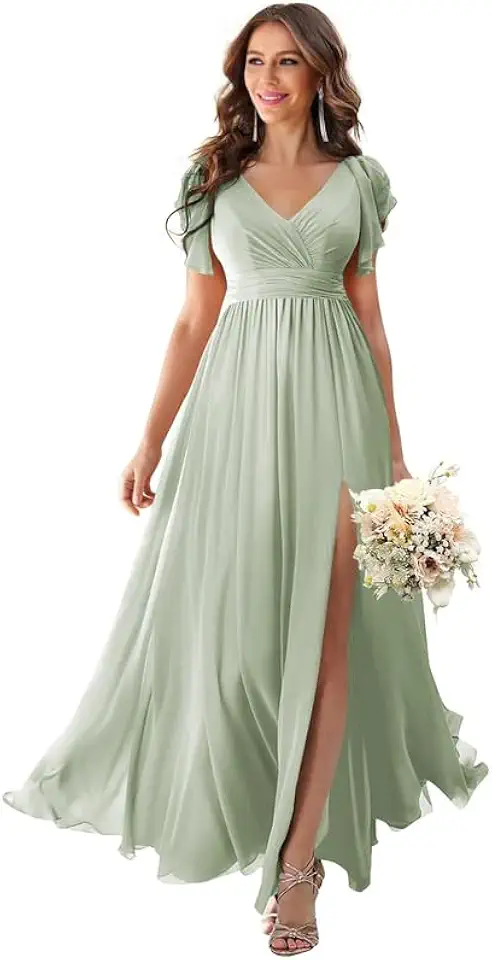 Vestidos femininos de chiffon com mangas esvoaçantes para madrinha de casamento longo gola V 2024 plissado vestidos formais para noite com fenda PRY132