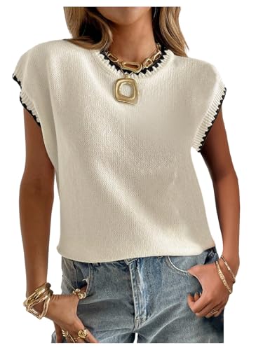 GORGLITTER Women's Short Sleeve Sweater Contrast Trim Crew Neck Boho Loose Pullover Business Casual Tops