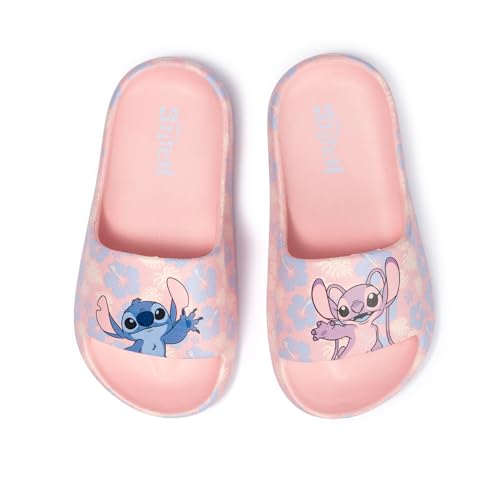 Disney Lilo & Stitch Kids Pink Floral Pool Slides Sandals - Cute Quick-Dry Beach Flip Flops with Stitch Print Size 11/12 Little Kid Summer Water Shoes for Girls