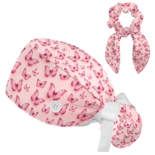 Image of Colored Butterflies Scrub Caps Women Ponytail, Adjustable Bouffant Surgical Caps with Button, Nurse Hats Long Hair
